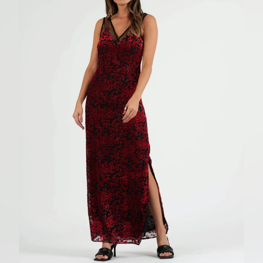 EUC PENELOPE MESH INSET MAXI DRESS | RED VELVET FLORAL